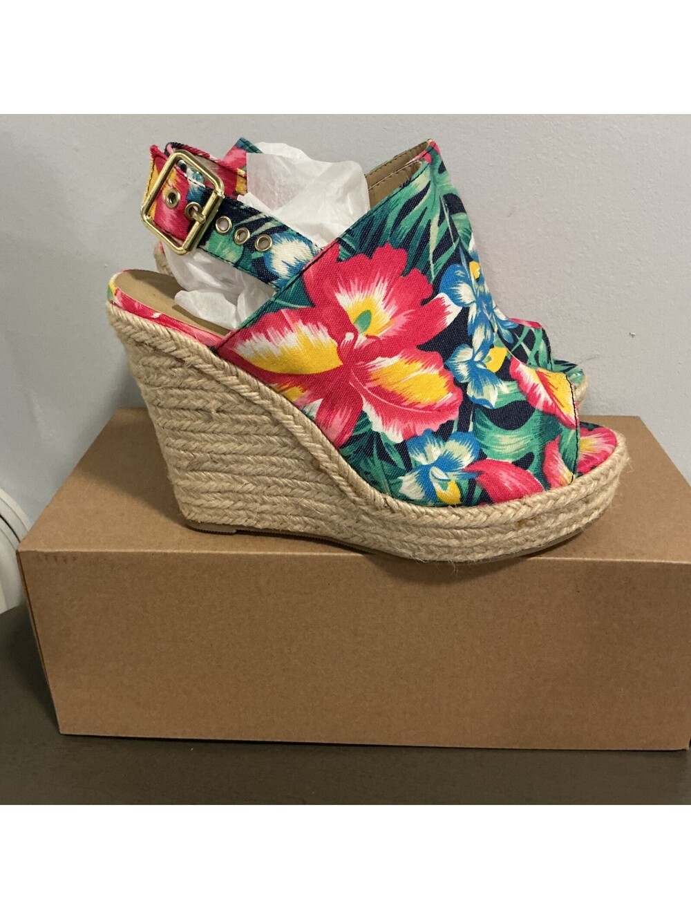 Soda Women Floral Espadrille 6 Ankle Strap Open Toe Ankle Platform Wedge Sandal